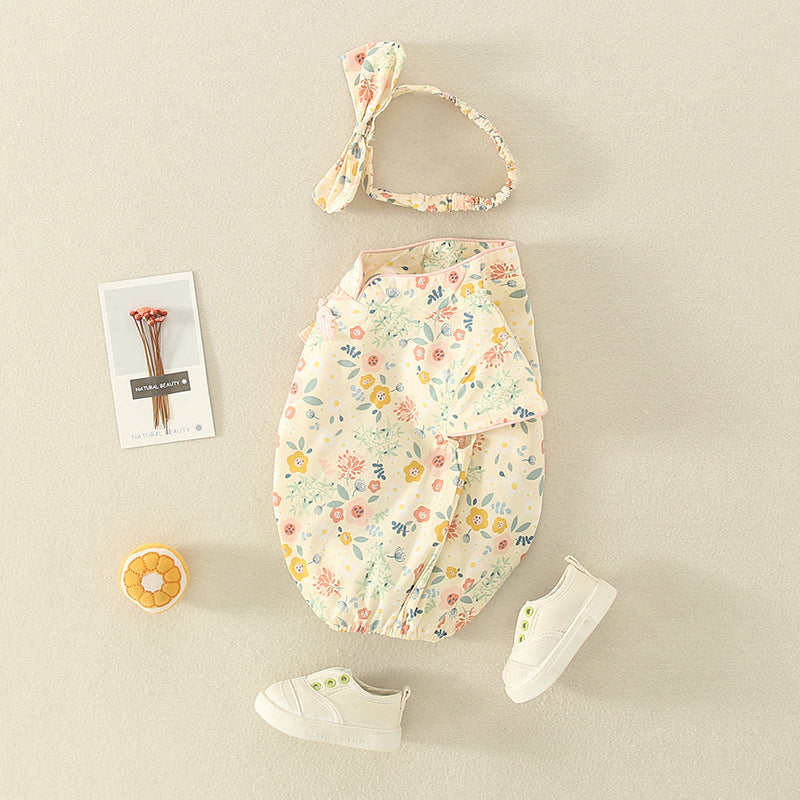 Baby Girls Flower Print Rompers Bow Headwear