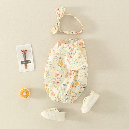Baby Girls Flower Print Rompers Bow Headwear