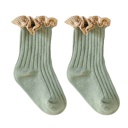 Baby Kid Girls Solid Color Flower Checked Print Accessories Socks