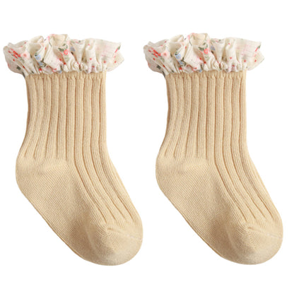 Baby Kid Girls Solid Color Flower Checked Print Accessories Socks