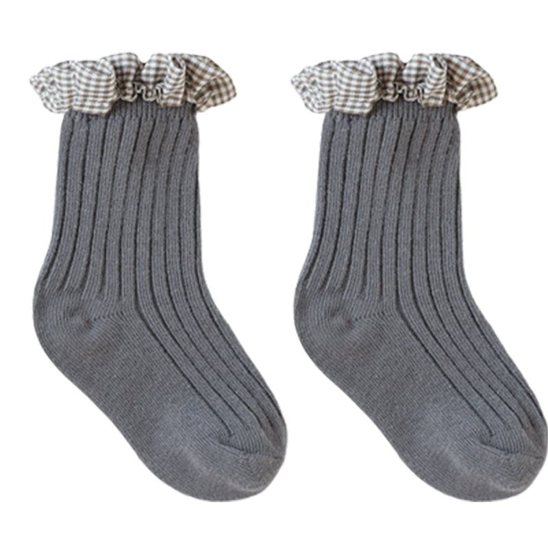 Baby Kid Girls Solid Color Flower Checked Print Accessories Socks