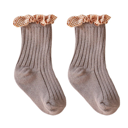 Baby Kid Girls Solid Color Flower Checked Print Accessories Socks