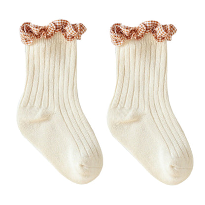 Baby Kid Girls Solid Color Flower Checked Print Accessories Socks