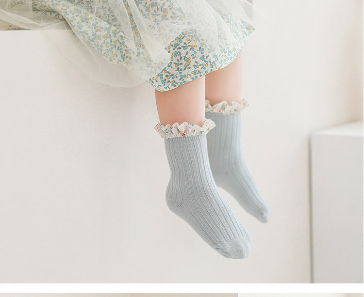 Baby Kid Girls Solid Color Flower Checked Print Accessories Socks