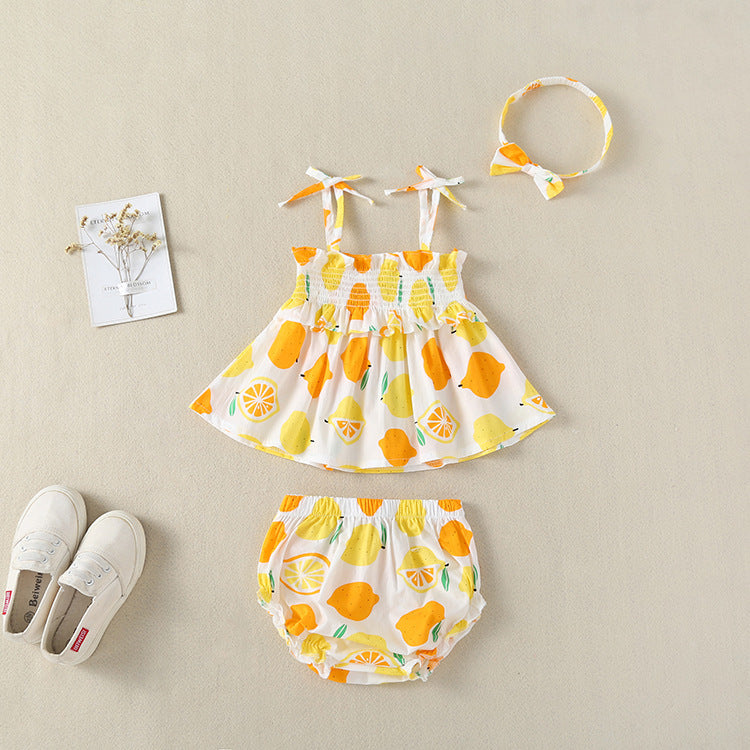 3 Pieces Set Baby Girls Tank Tops Shorts And Bow Headwear