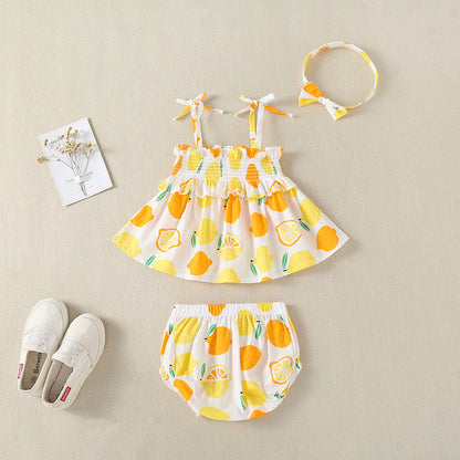 3 Pieces Set Baby Girls Tank Tops Shorts And Bow Headwear