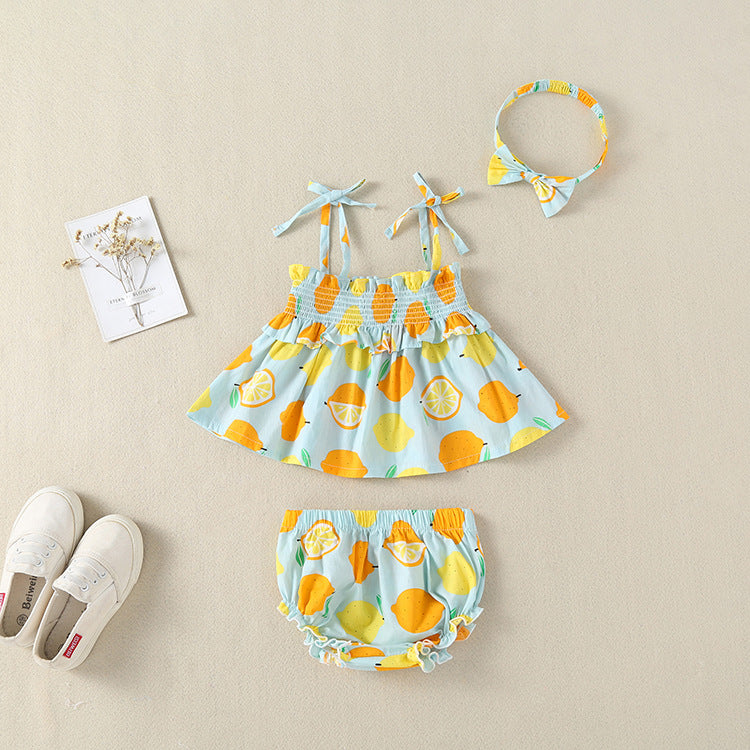 3 Pieces Set Baby Girls Tank Tops Shorts And Bow Headwear