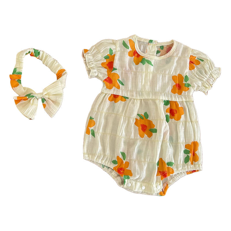 Baby Kid Girls Flower Print Rompers And Dresses Headwear