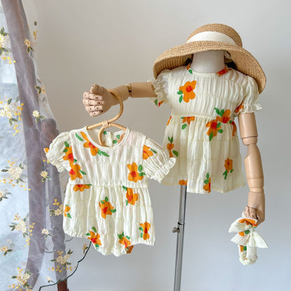Baby Kid Girls Flower Print Rompers And Dresses Headwear