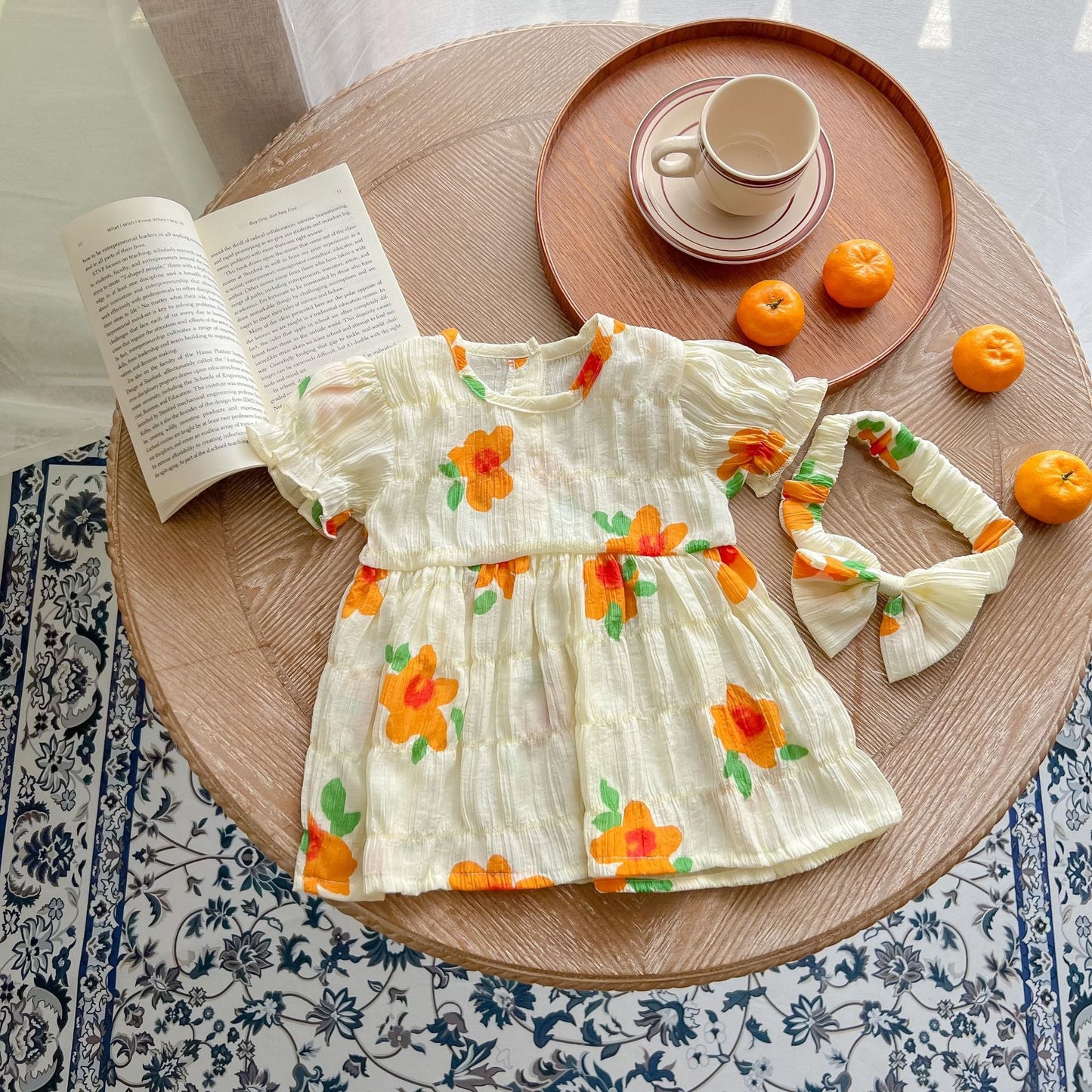 Baby Kid Girls Flower Print Rompers And Dresses Headwear