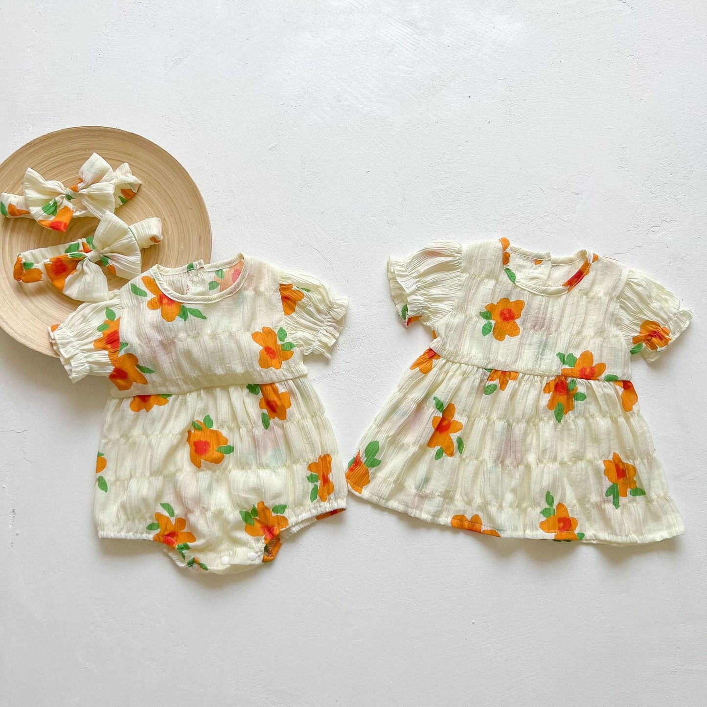 Baby Kid Girls Flower Print Rompers And Dresses Headwear