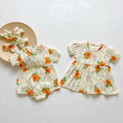 Baby Kid Girls Flower Print Rompers And Dresses Headwear