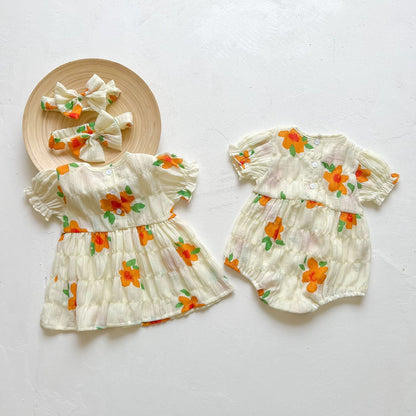 Baby Kid Girls Flower Print Rompers And Dresses Headwear