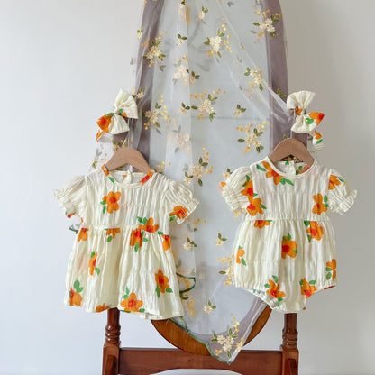 Baby Kid Girls Flower Print Rompers And Dresses Headwear