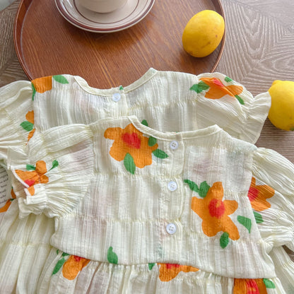 Baby Kid Girls Flower Print Rompers And Dresses Headwear