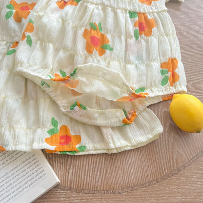 Baby Kid Girls Flower Print Rompers And Dresses Headwear