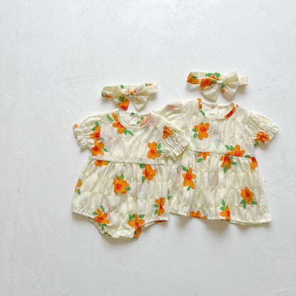 Baby Kid Girls Flower Print Rompers And Dresses Headwear