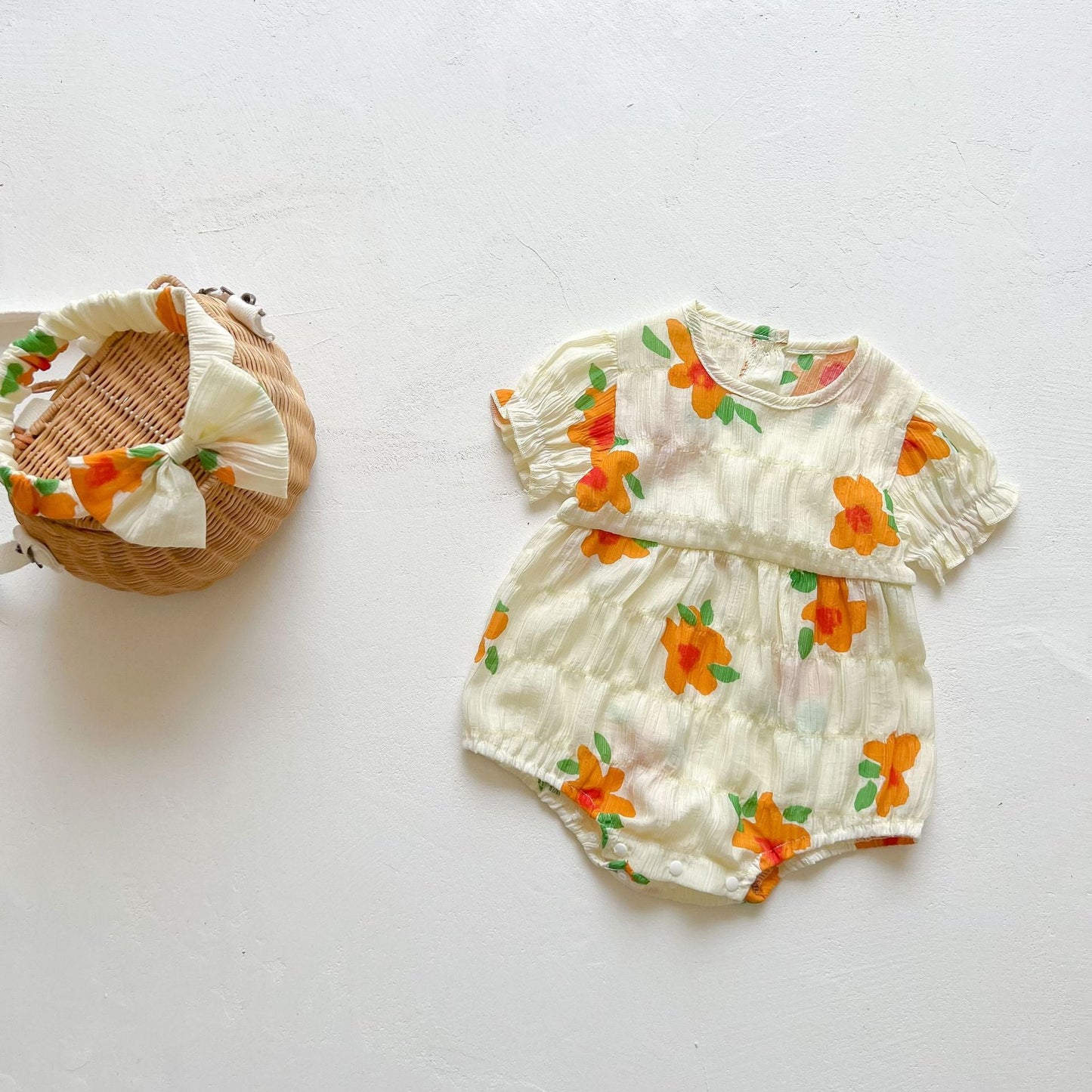 Baby Kid Girls Flower Print Rompers And Dresses Headwear
