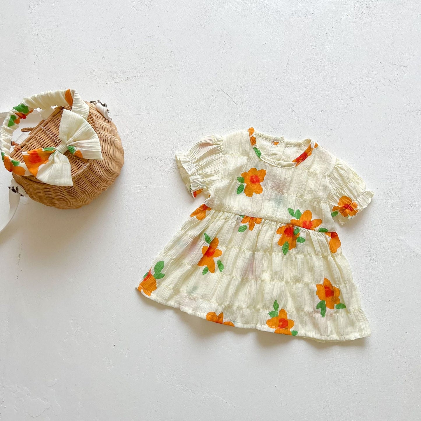 Baby Kid Girls Flower Print Rompers And Dresses Headwear