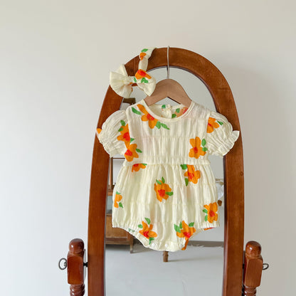 Baby Kid Girls Flower Print Rompers And Dresses Headwear