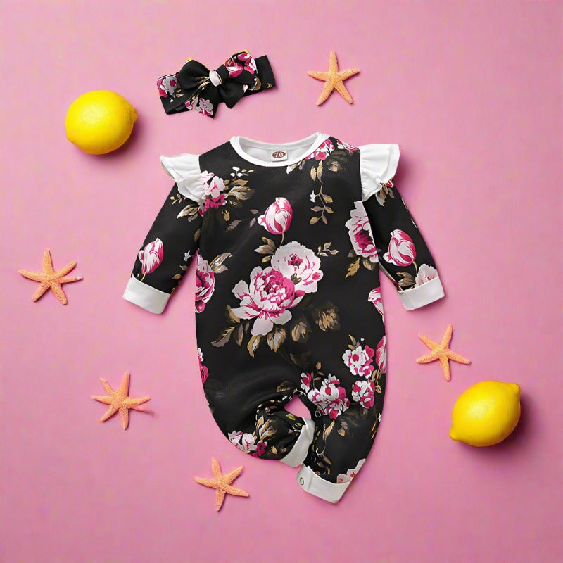 Baby Girls Flower Print Jumpsuits Headwear