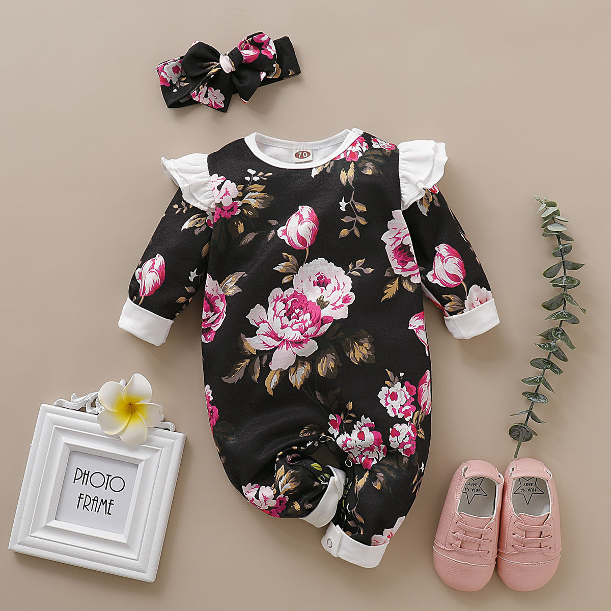 Baby Girls Flower Print Jumpsuits Headwear