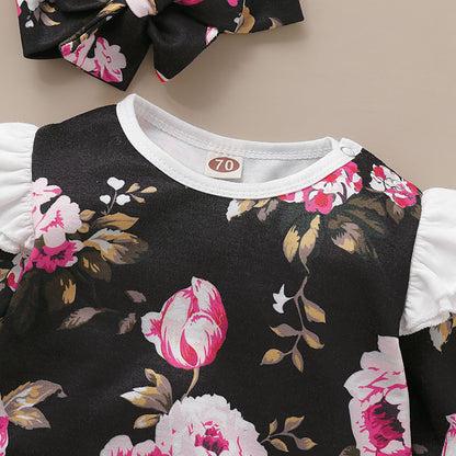 Baby Girls Flower Print Jumpsuits Headwear