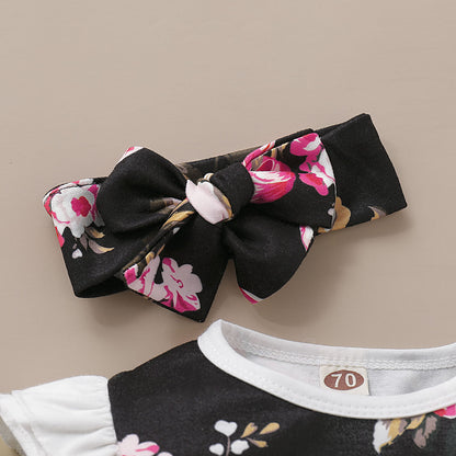Baby Girls Flower Print Jumpsuits Headwear