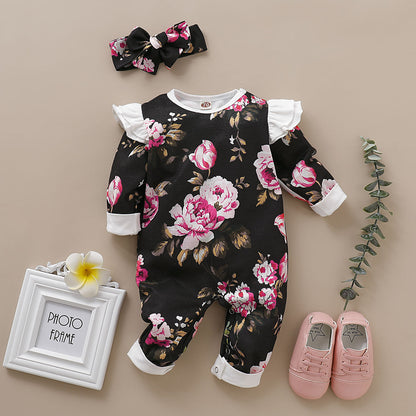 Baby Girls Flower Print Jumpsuits Headwear