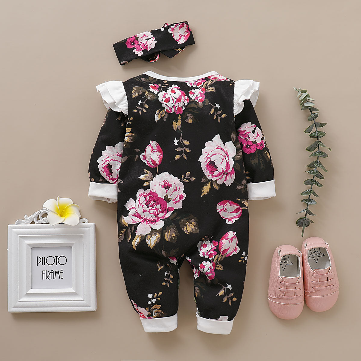 Baby Girls Flower Print Jumpsuits Headwear