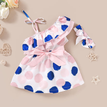 Baby Kid Girls Polka dots Bow Print Dresses Headwear