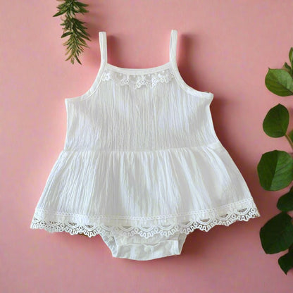 Baby Girls Solid Color Lace Rompers And Headwear