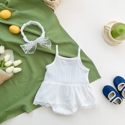 Baby Girls Solid Color Lace Rompers And Headwear