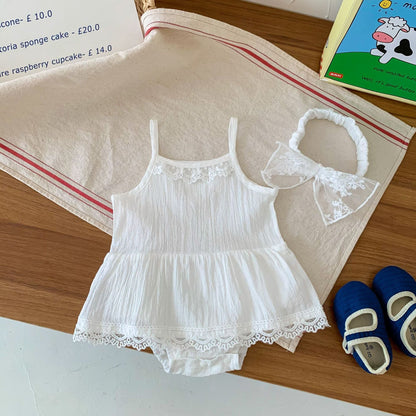 Baby Girls Solid Color Lace Rompers And Headwear