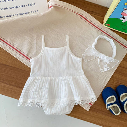 Baby Girls Solid Color Lace Rompers And Headwear