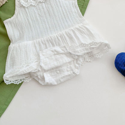 Baby Girls Solid Color Lace Rompers And Headwear