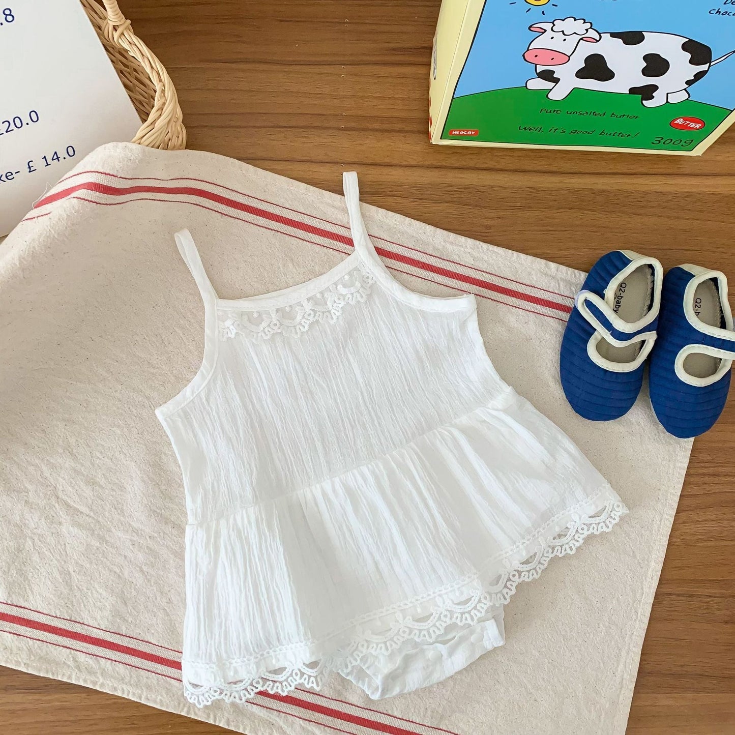 Baby Girls Solid Color Lace Rompers And Headwear