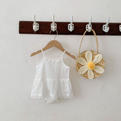 Baby Girls Solid Color Lace Rompers And Headwear