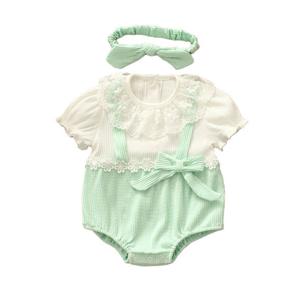 Baby Girls Flower Bow Lace Muslin&Ribbed Rompers Headwear