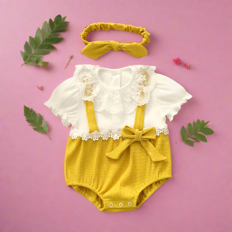 Baby Girls Flower Bow Lace Muslin&Ribbed Rompers Headwear