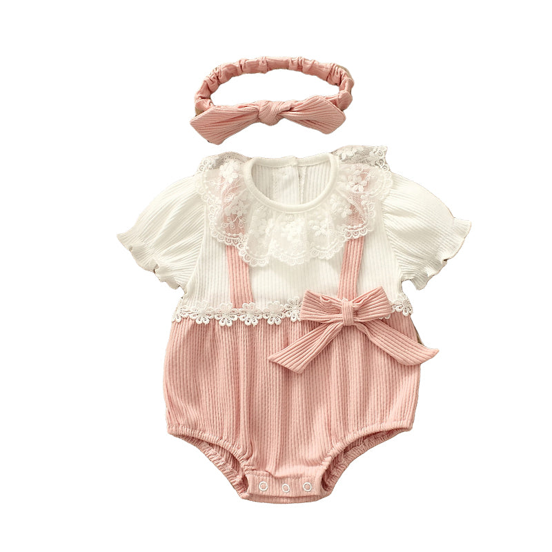 Baby Girls Flower Bow Lace Muslin&Ribbed Rompers Headwear
