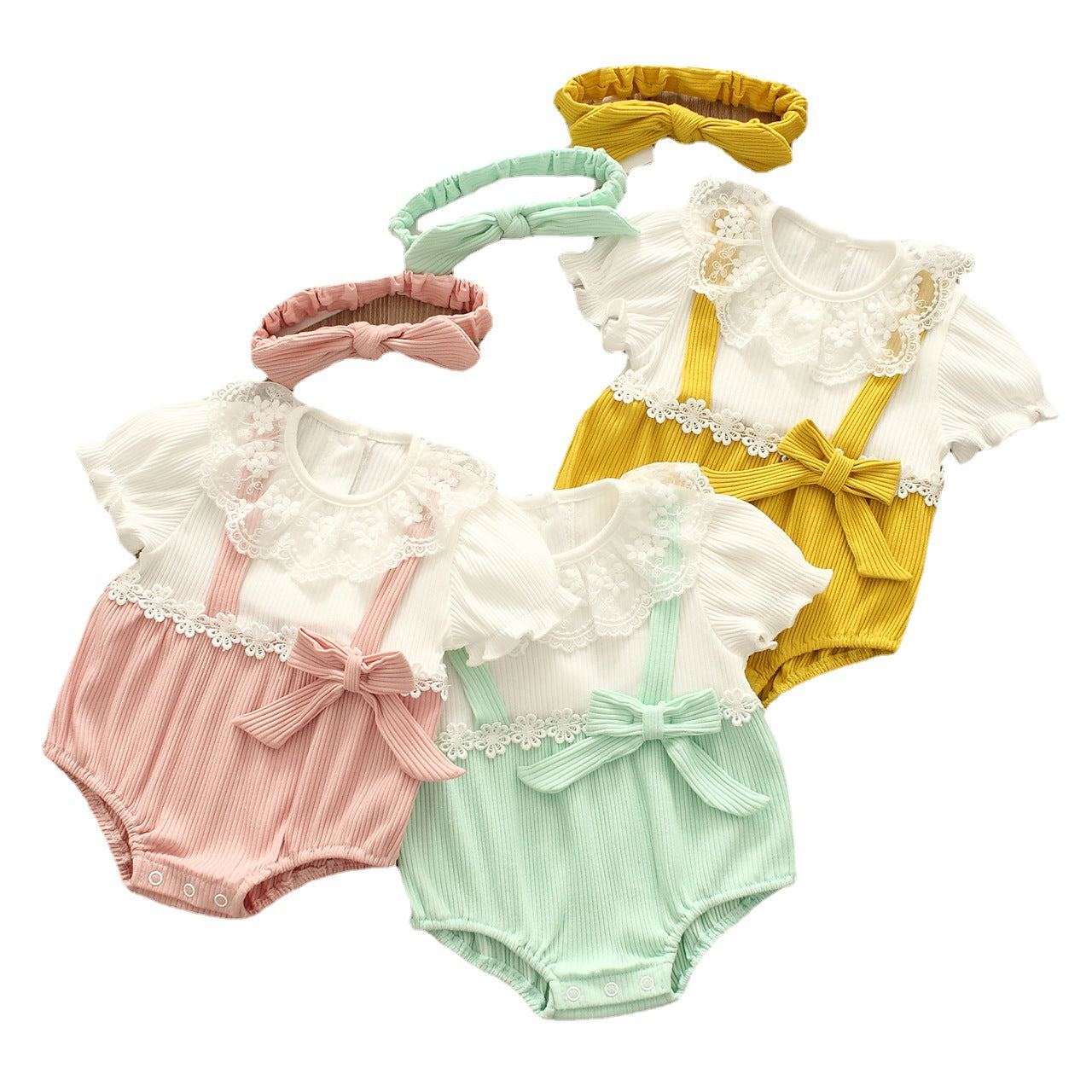 Baby Girls Flower Bow Lace Muslin&Ribbed Rompers Headwear