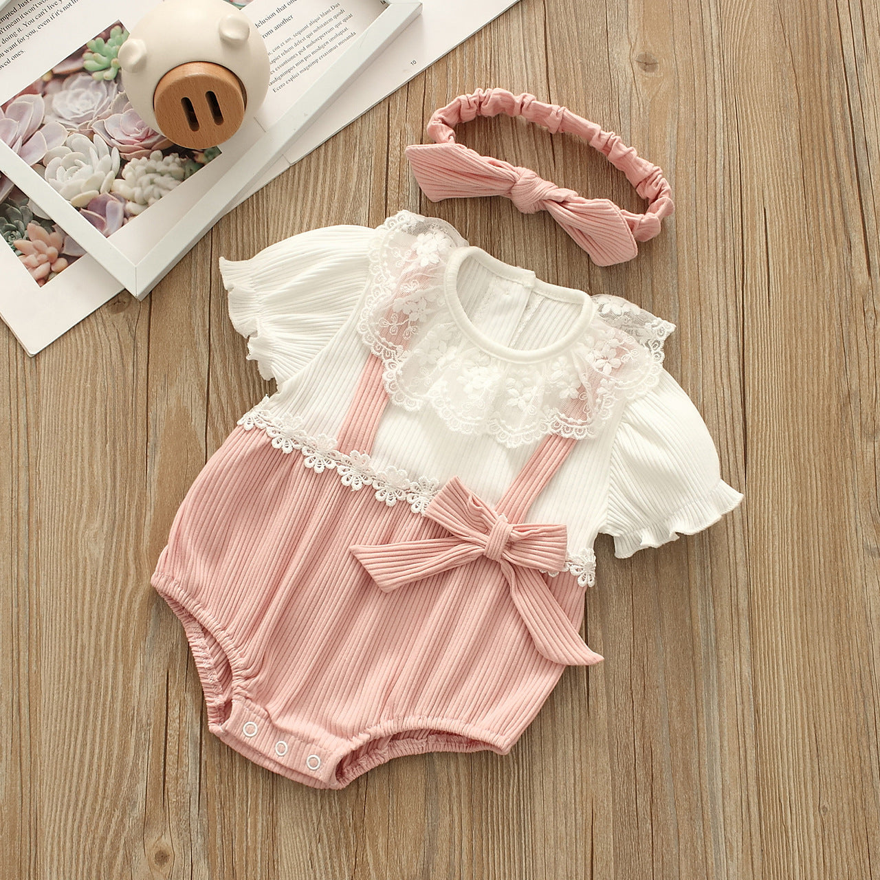 Baby Girls Flower Bow Lace Muslin&Ribbed Rompers Headwear