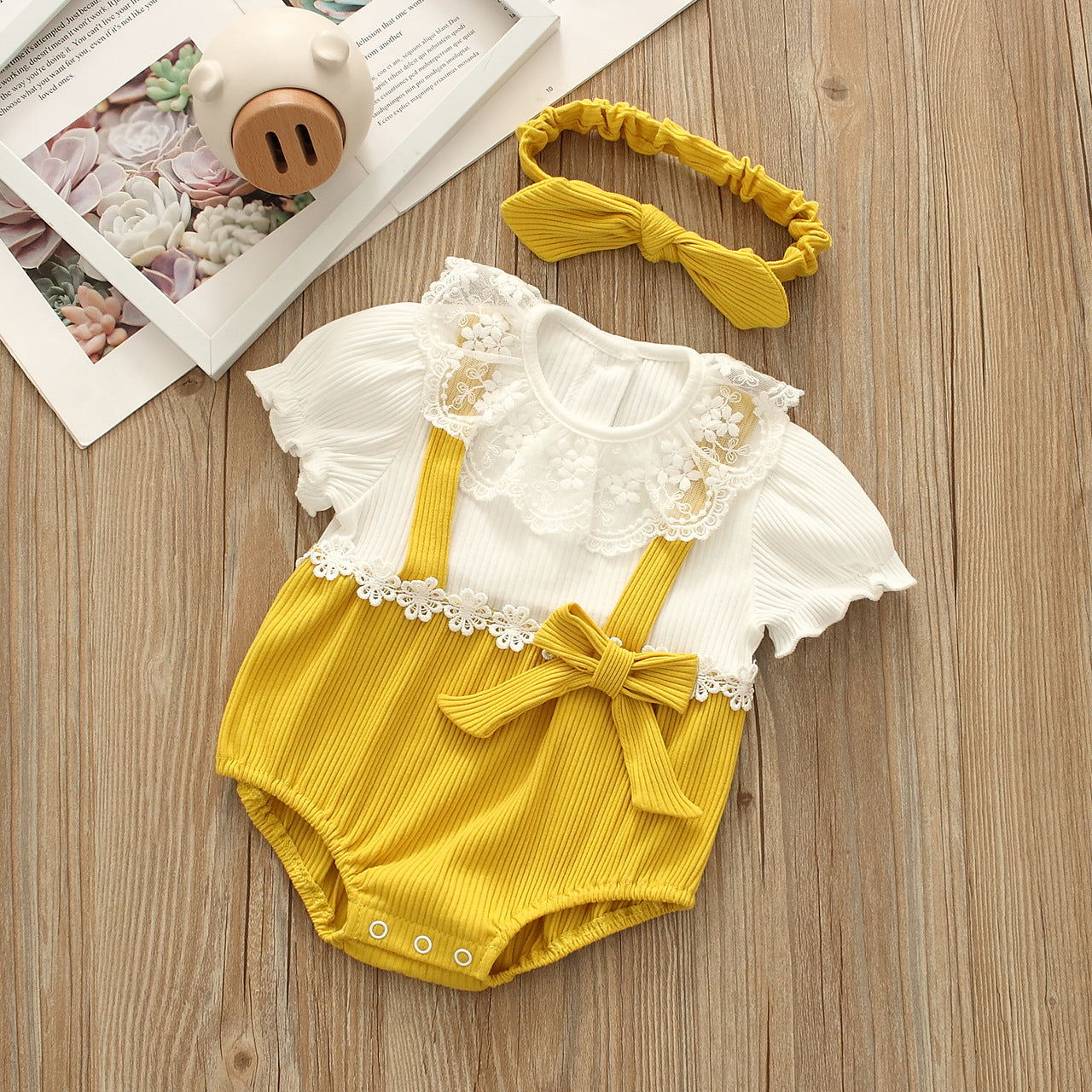 Baby Girls Flower Bow Lace Muslin&Ribbed Rompers Headwear