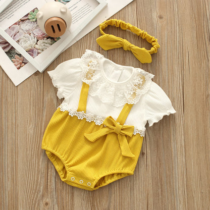 Baby Girls Flower Bow Lace Muslin&Ribbed Rompers Headwear