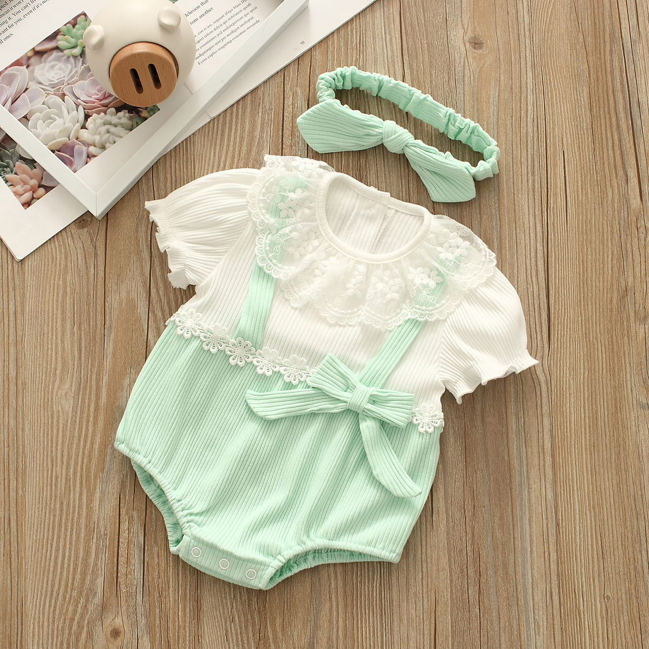 Baby Girls Flower Bow Lace Muslin&Ribbed Rompers Headwear