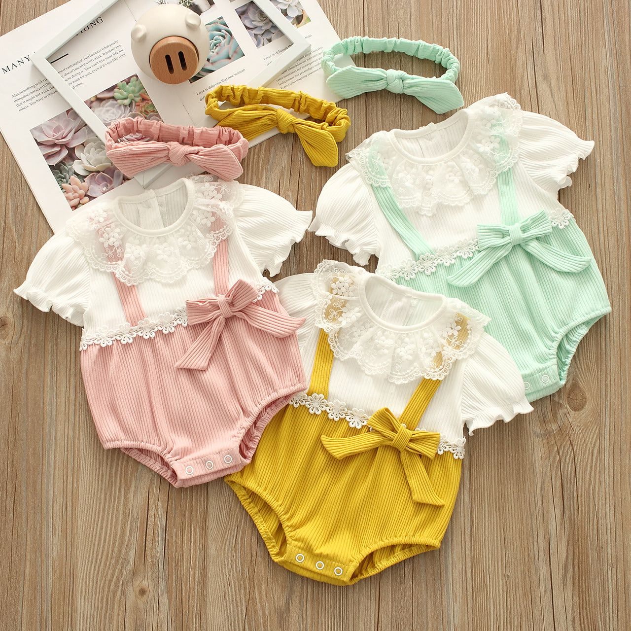 Baby Girls Flower Bow Lace Muslin&Ribbed Rompers Headwear