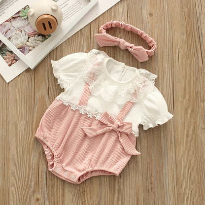 Baby Girls Flower Bow Lace Muslin&Ribbed Rompers Headwear