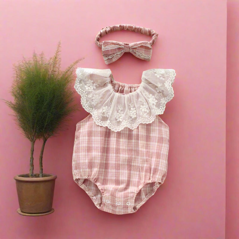 Baby Girls Checked Rompers And Bow Accessories Headwear