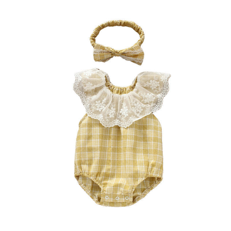 Baby Girls Checked Rompers And Bow Accessories Headwear